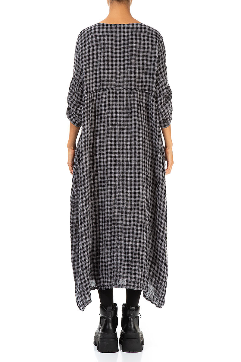 Buttoned Grey Check Linen Dress