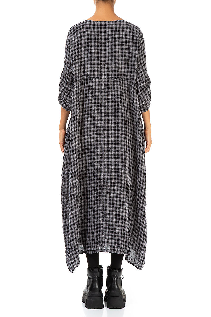 Buttoned Grey Check Linen Dress 2