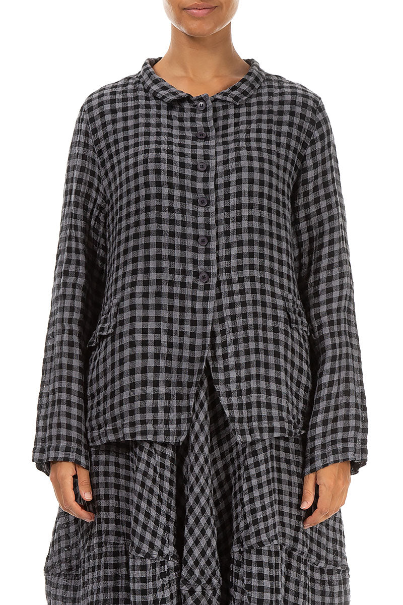 Buttoned Grey Check Linen Jacket