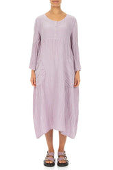 Buttoned Lilac Crinkled Silk Linen Dress 1