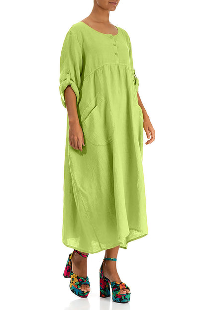 Buttoned Lime Linen Dress 3