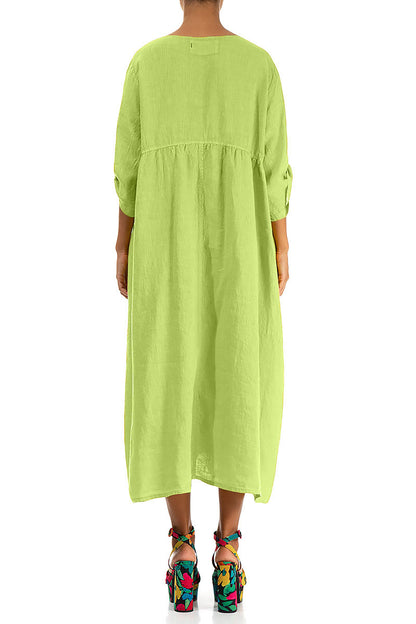 Buttoned Lime Linen Dress 2