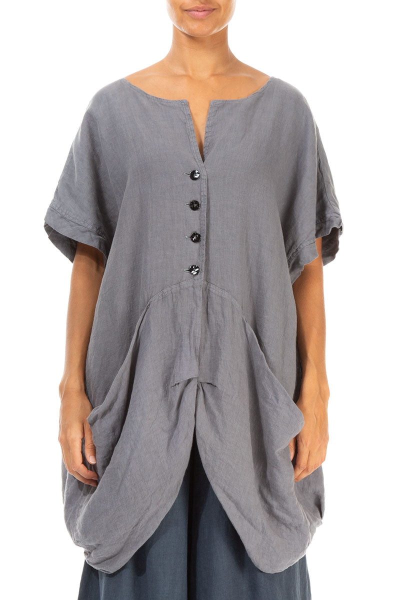 Buttoned Loose Grey Linen Vest