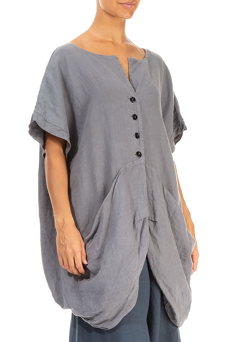 Buttoned Loose Grey Linen Vest