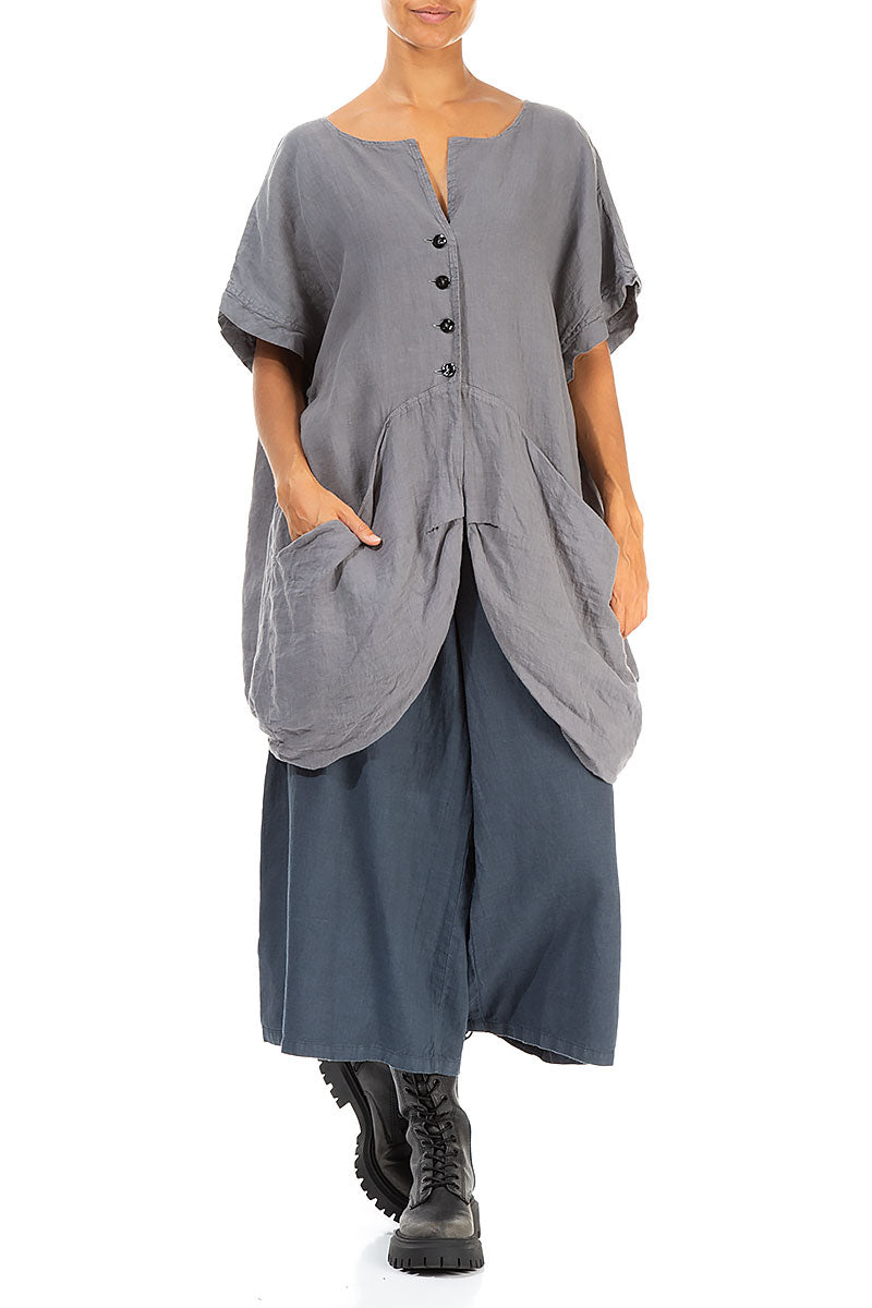 Buttoned Loose Grey Linen Vest