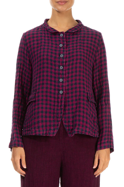 Buttoned Magenta Check Linen Jacket