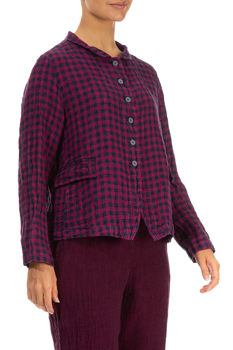 Buttoned Magenta Check Linen Jacket