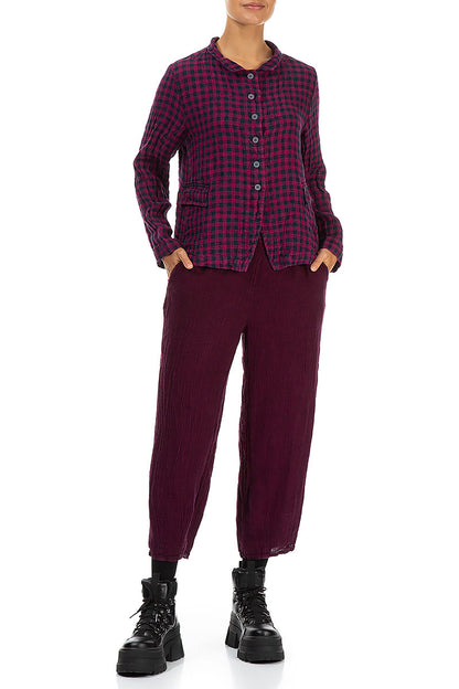 Buttoned Magenta Check Linen Jacket