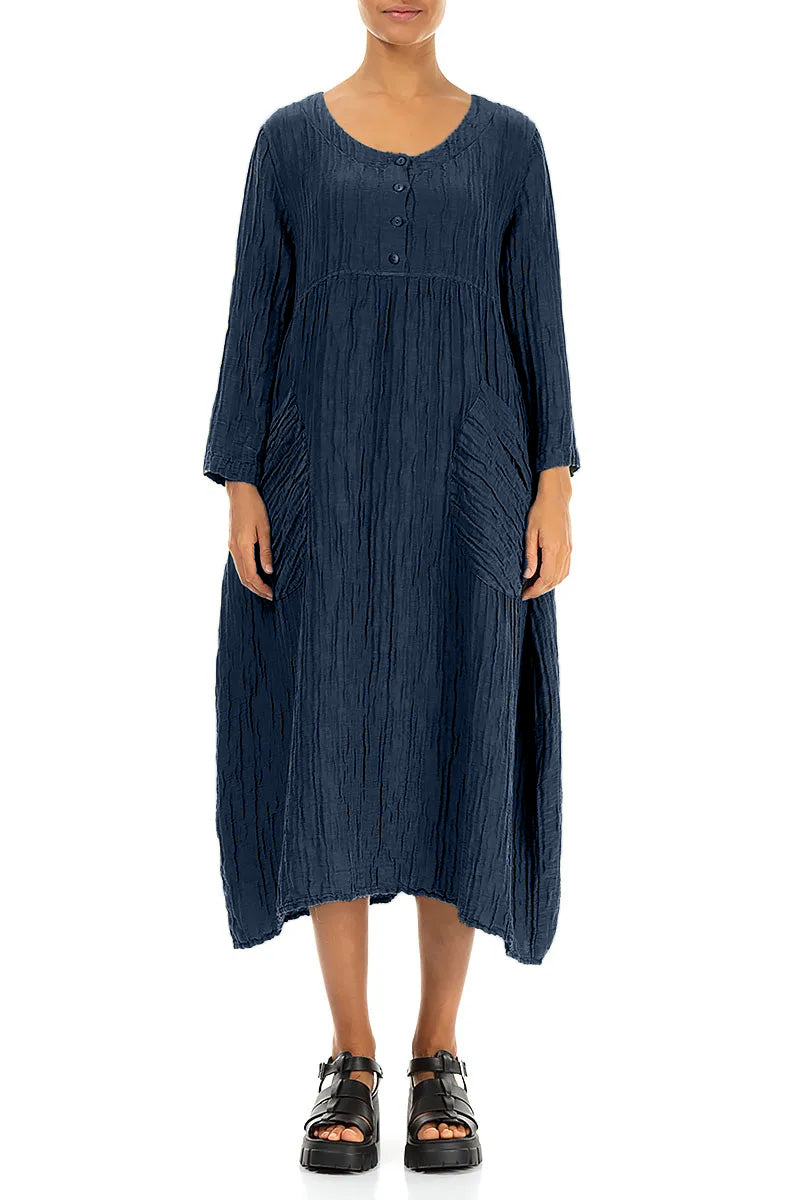 Buttoned Navy Crinkled Silk Linen Dress