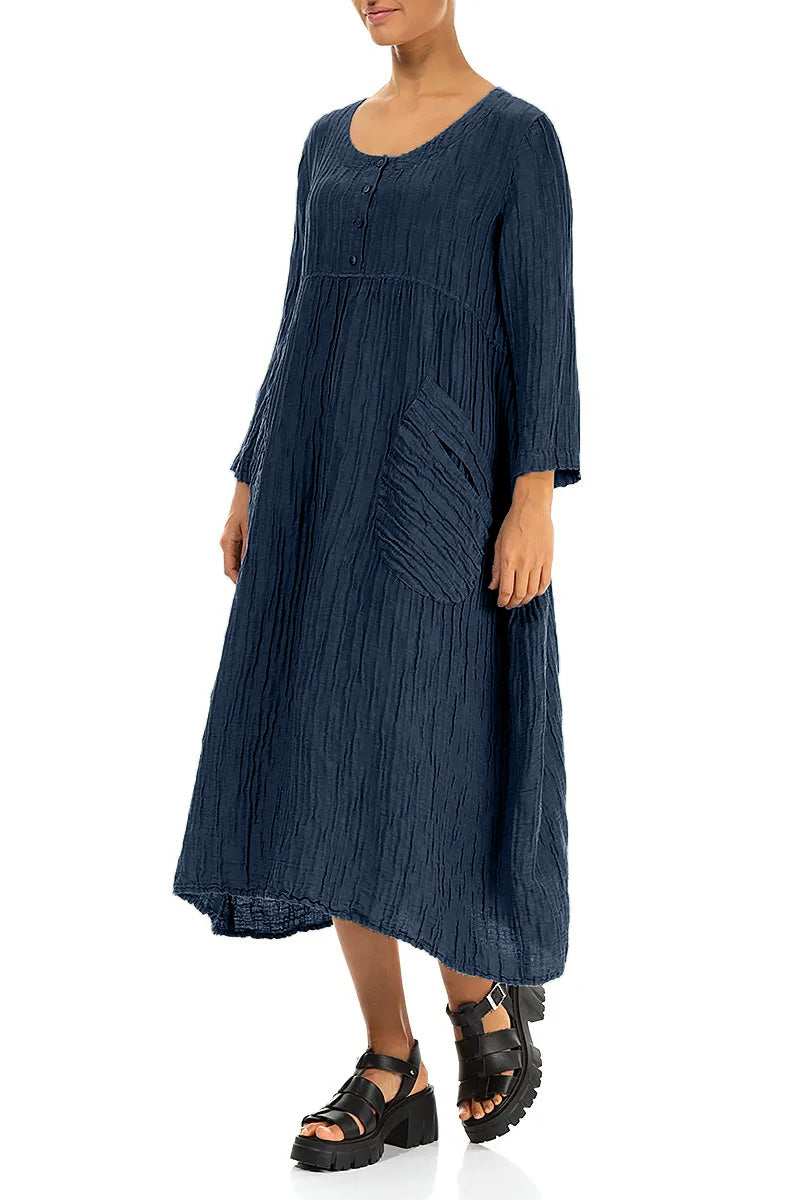 Buttoned Navy Crinkled Silk Linen Dress