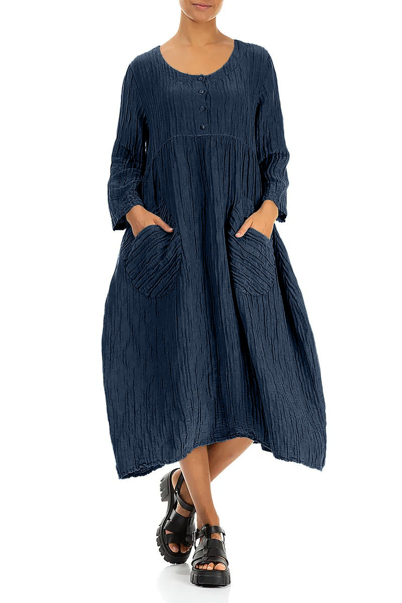Buttoned Navy Crinkled Silk Linen Dress – grizas.com