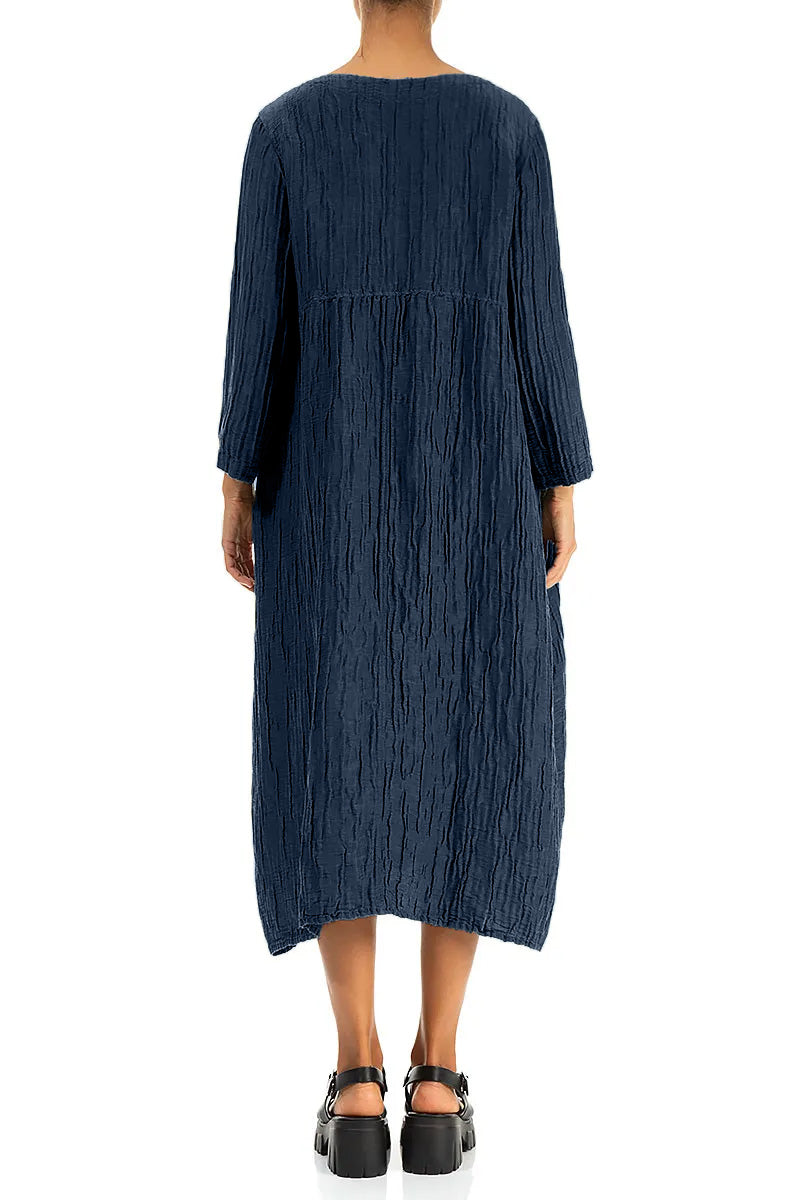 Buttoned Navy Crinkled Silk Linen Dress