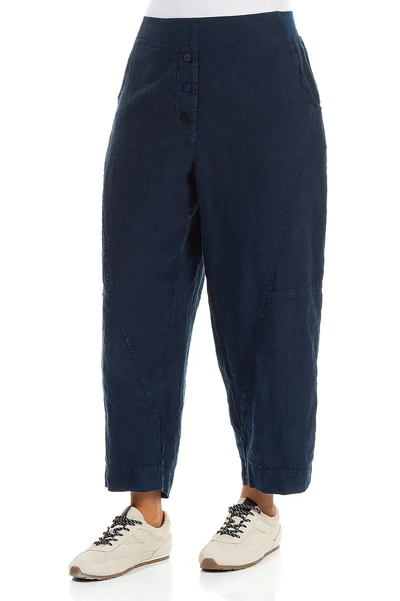 Geknöpfte marineblaue Leinenhose