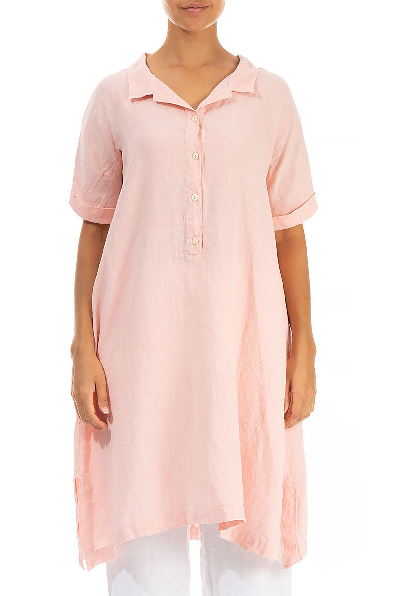 Buttoned Peach Pink Linen Tunic Dress