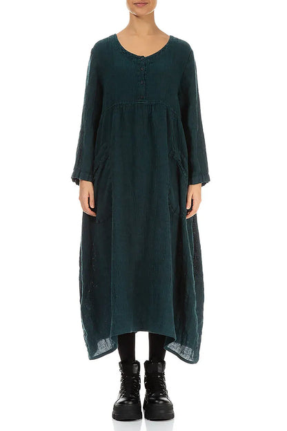 Buttoned Peacock Mélange Linen Dress 1