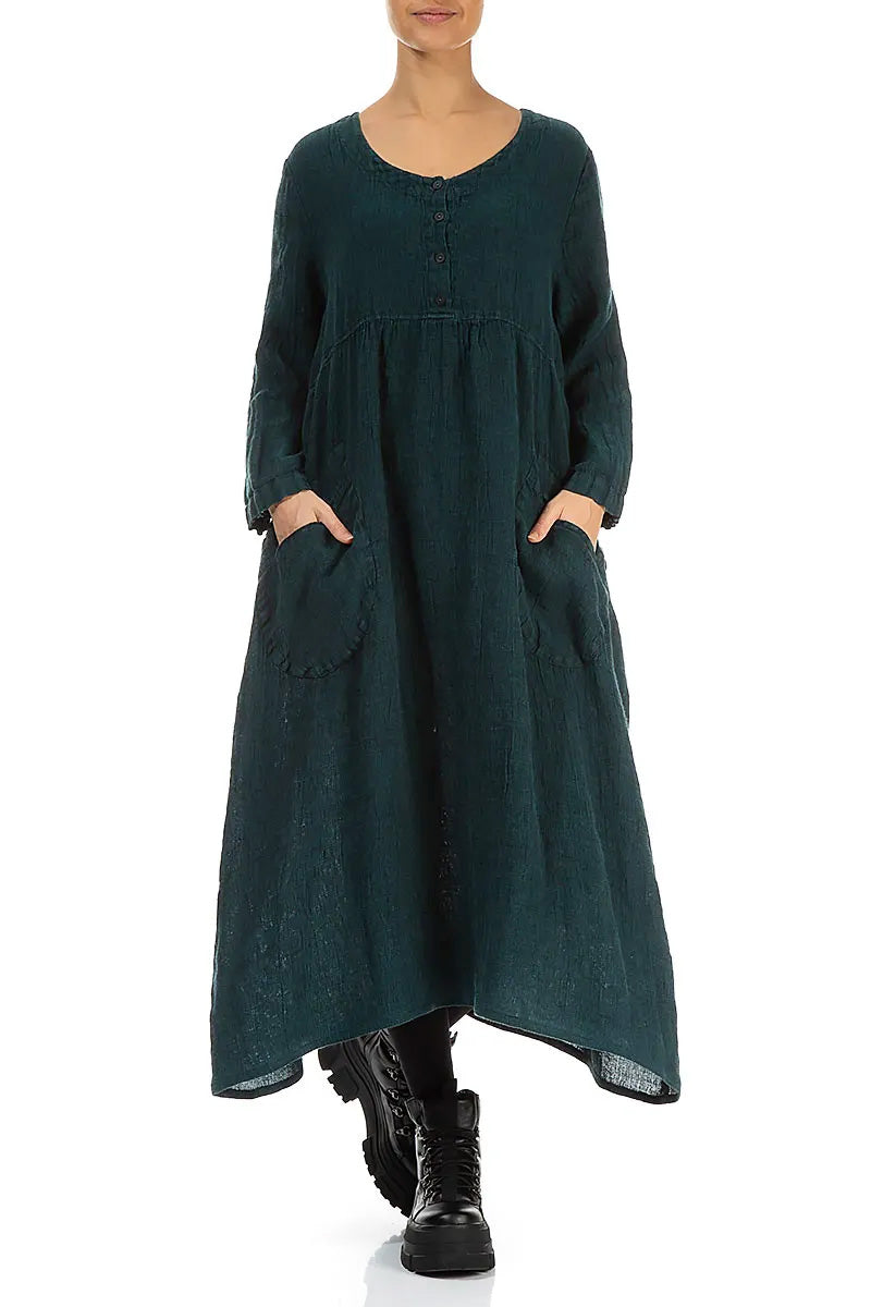 Buttoned Peacock Mélange Linen Dress 4