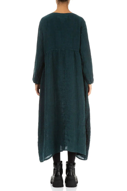 Buttoned Peacock Mélange Linen Dress 2