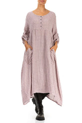 Buttoned Pink Check Linen Dress 5