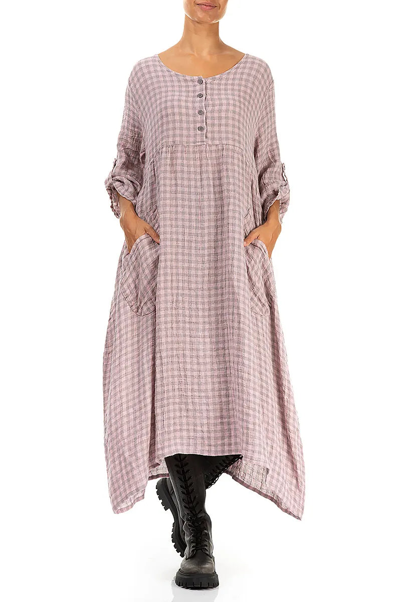 Buttoned Pink Check Linen Dress 5