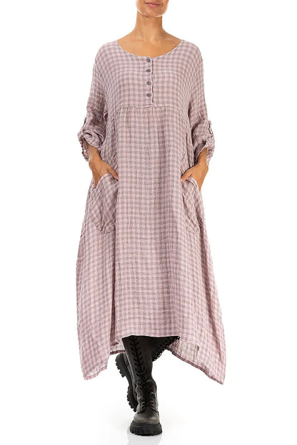 Buttoned Pink Check Linen Dress 5
