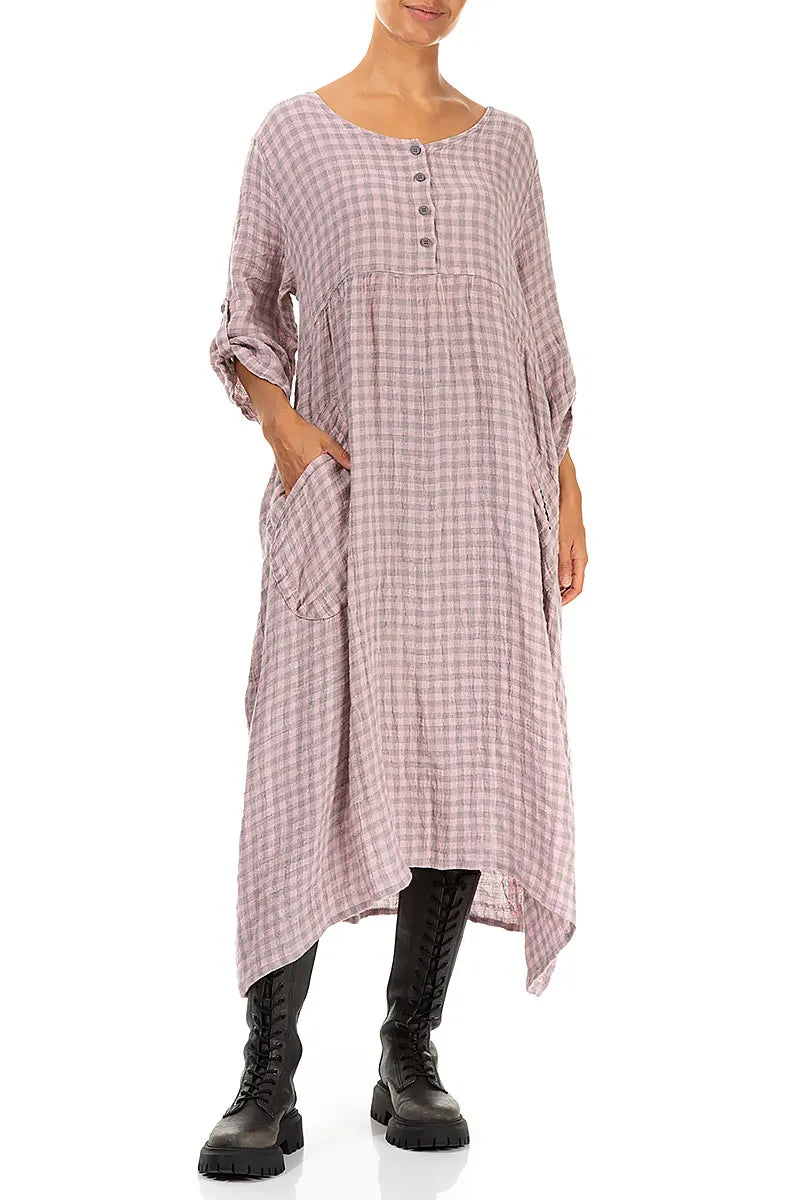 Buttoned Pink Check Linen Dress 4