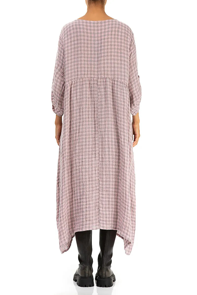 Buttoned Pink Check Linen Dress