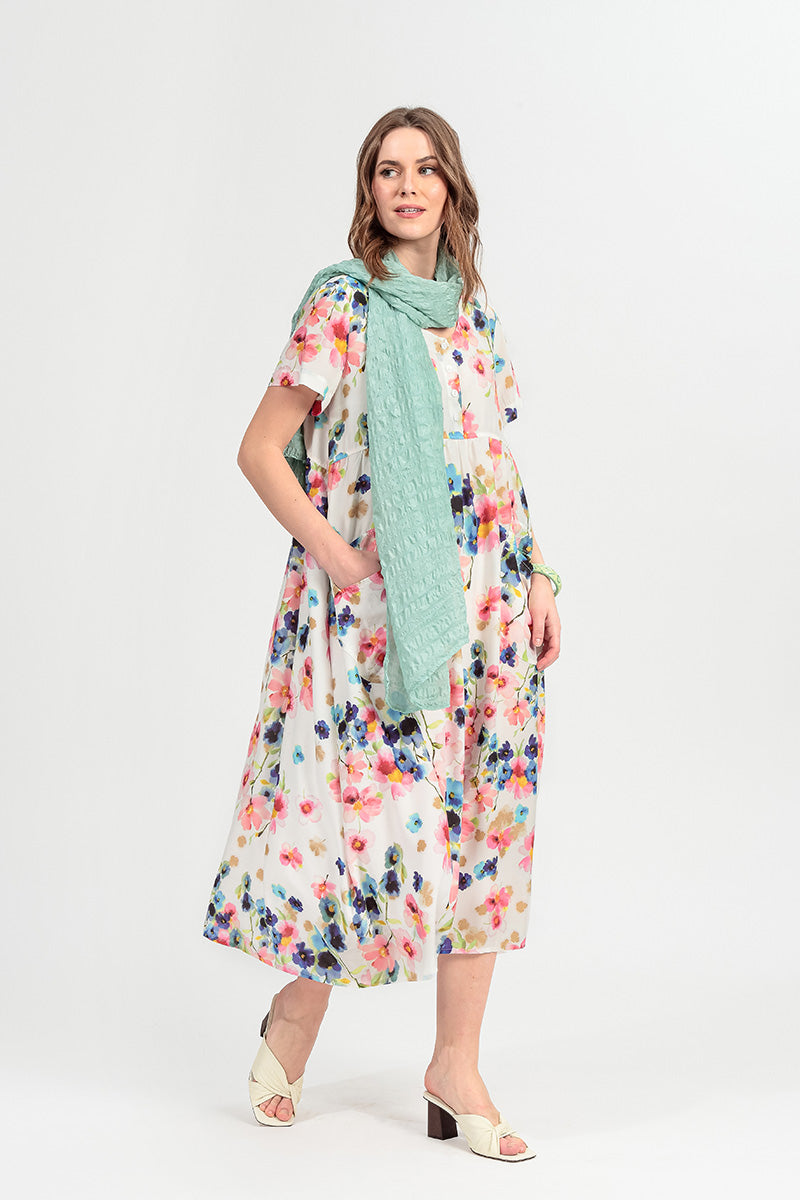 Robe Boutonnée en Soie de Bambou Imprimé Primevère