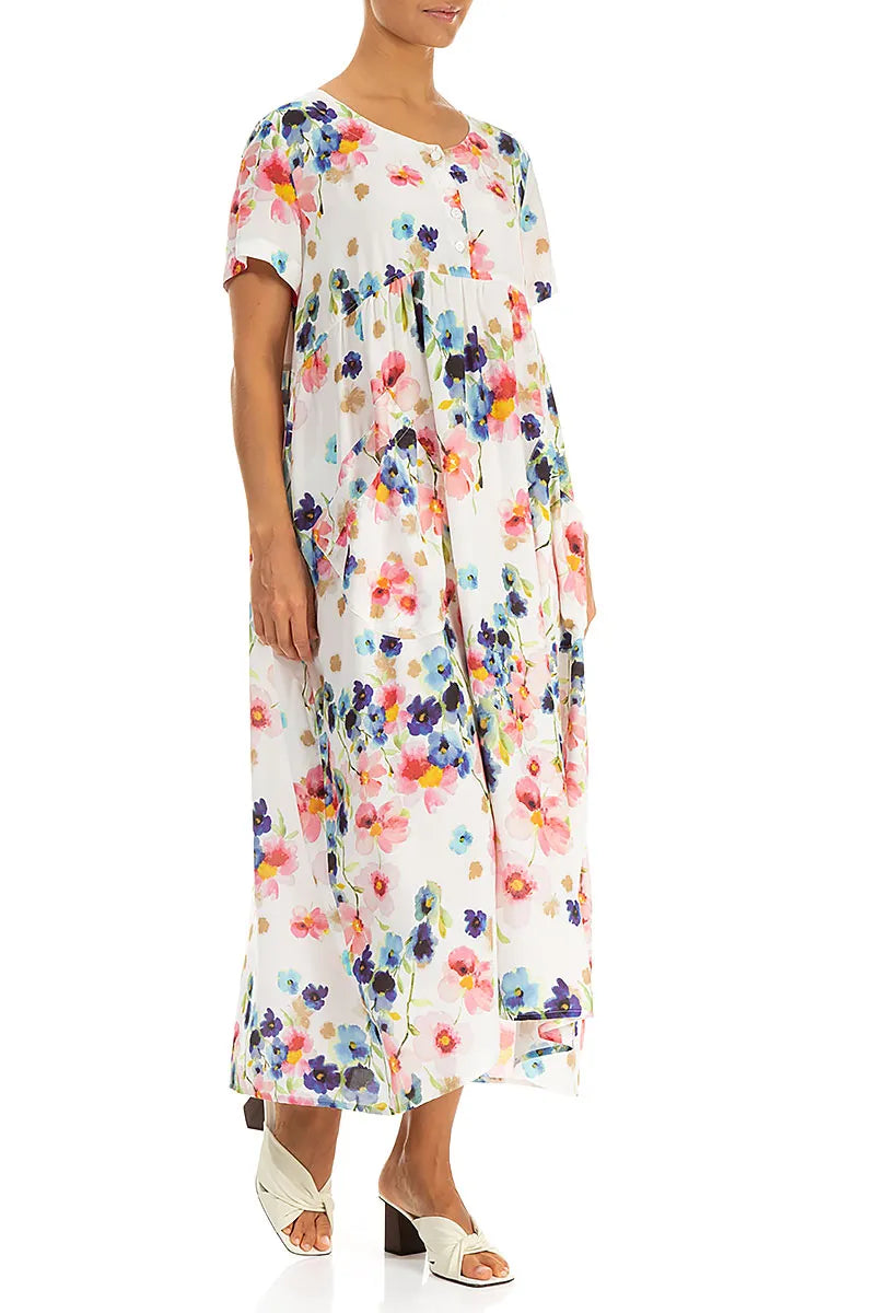 Robe Boutonnée en Soie de Bambou Imprimé Primevère