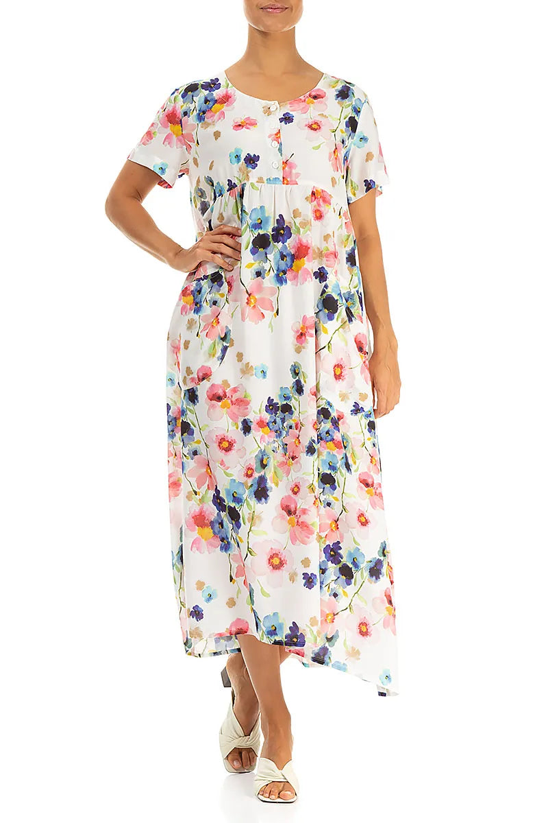 Robe Boutonnée en Soie de Bambou Imprimé Primevère