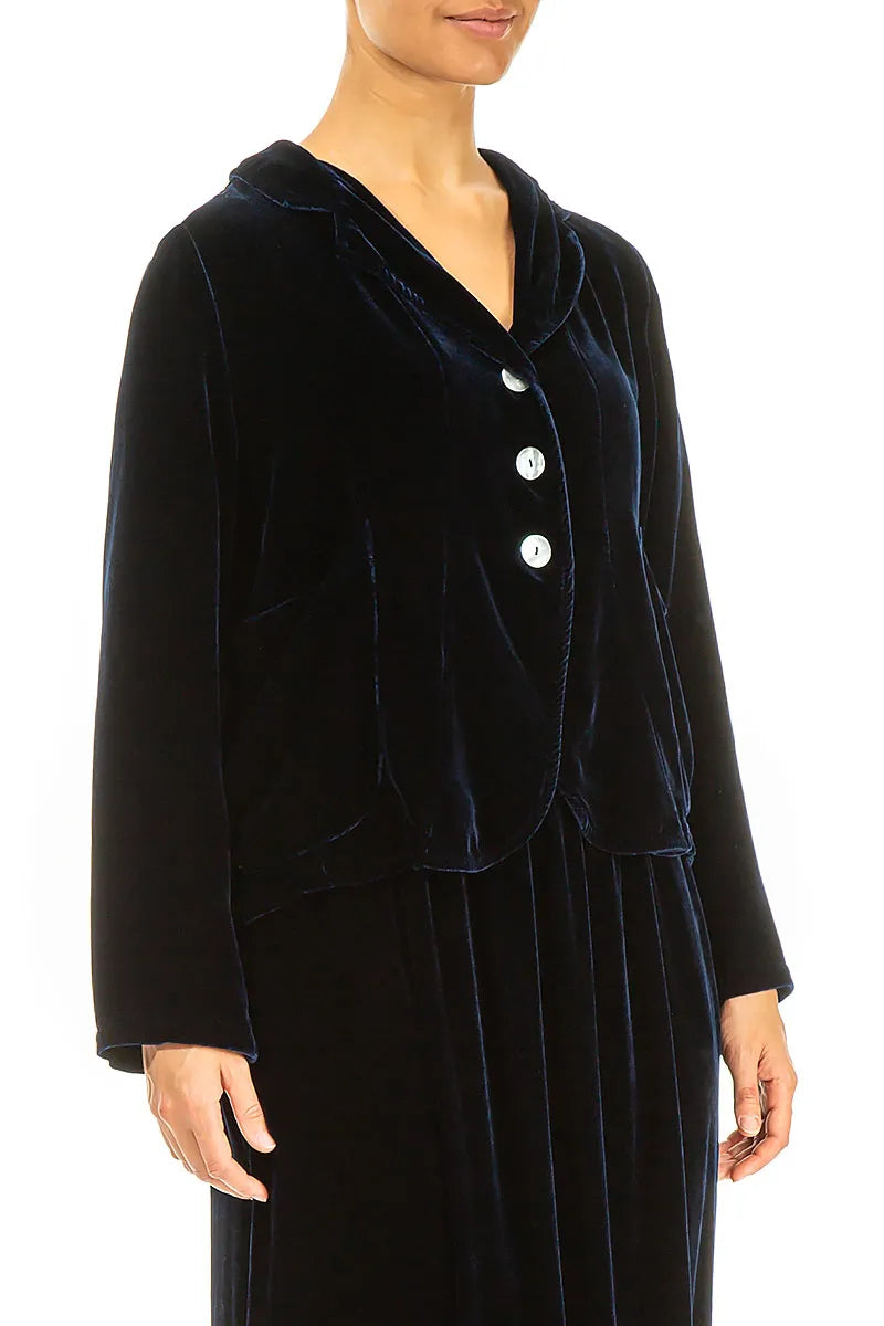 Veste boutonnée en velours de soie bleu roi