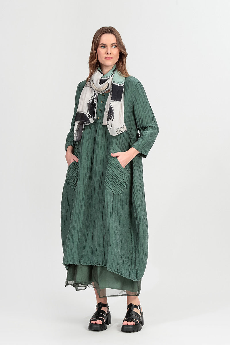 Buttoned Sage Crinkled Silk Linen Dress 1