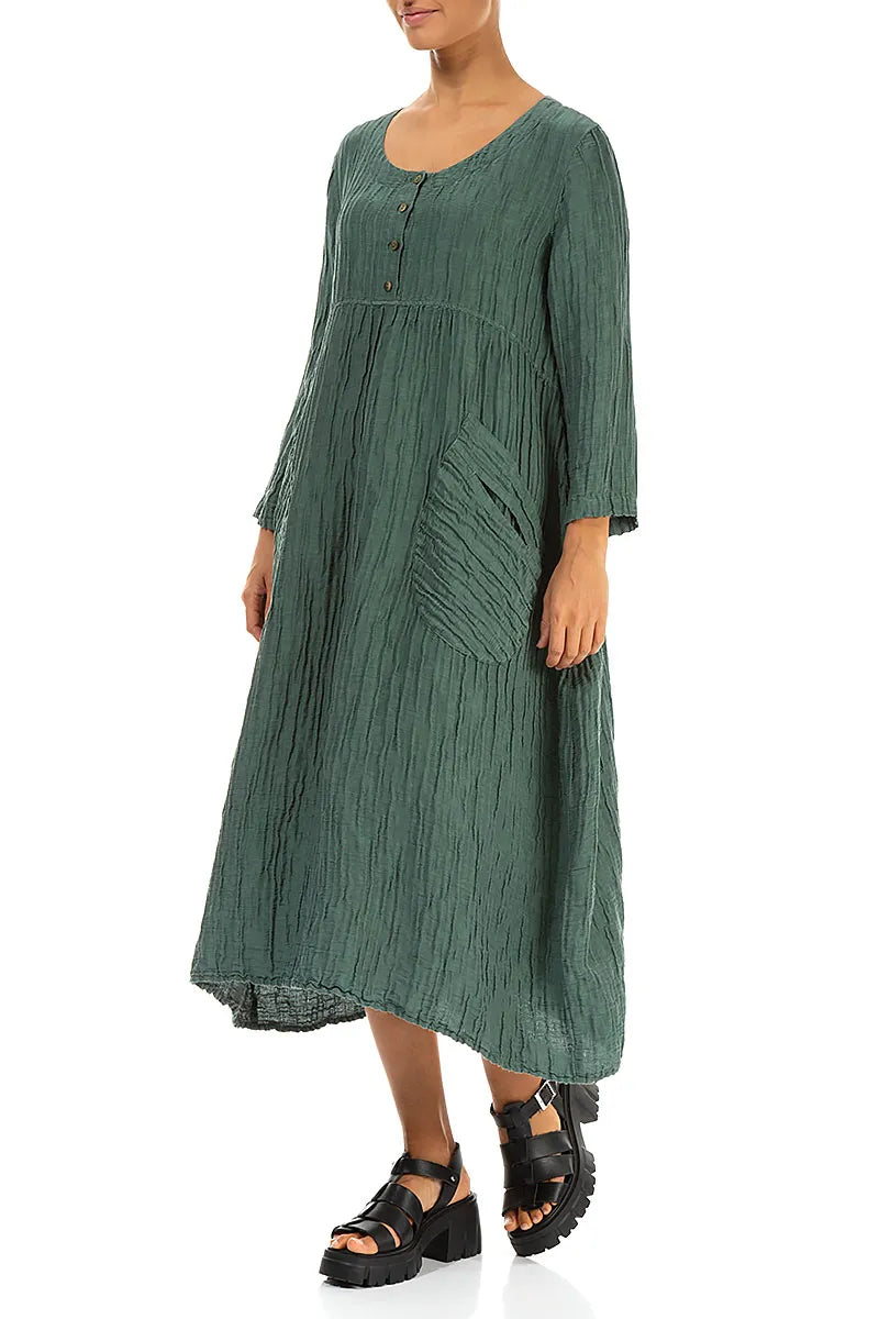 Buttoned Sage Crinkled Silk Linen Dress 4