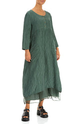 Buttoned Sage Crinkled Silk Linen Dress 6