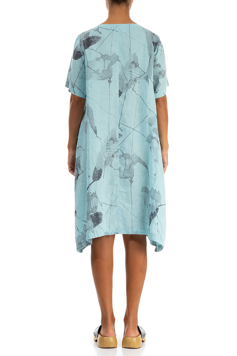 Buttoned Sides Ice Blue Mirage Linen Tunic Dress
