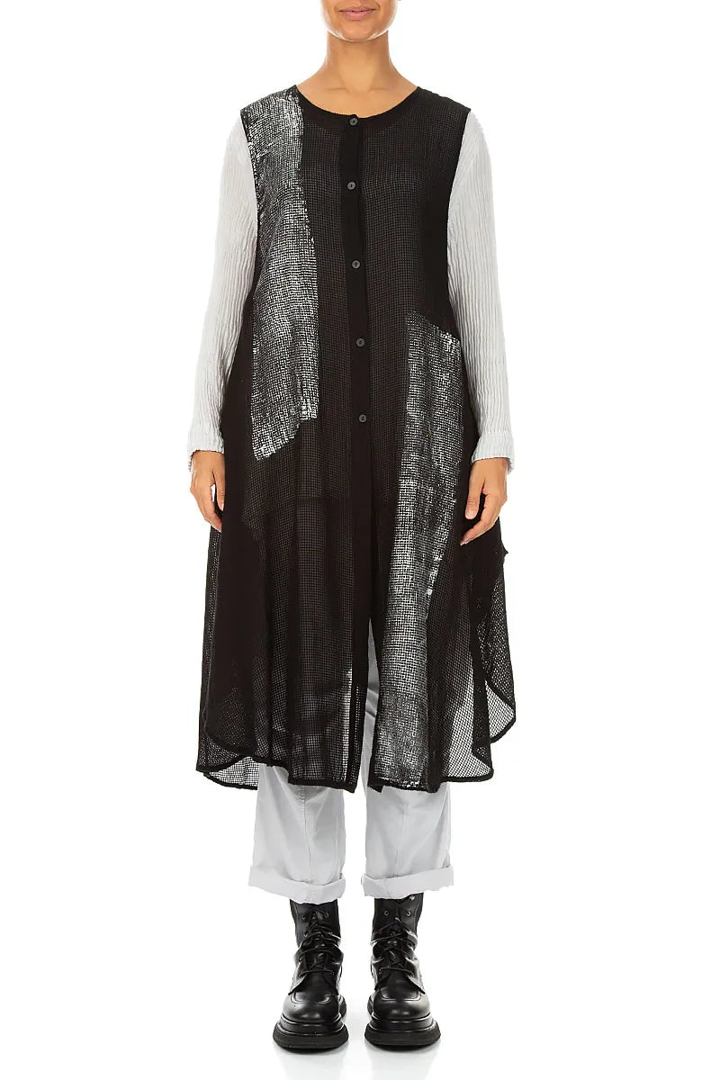 Buttoned Silver Metallic Black Mesh Silk Tunic Vest 2