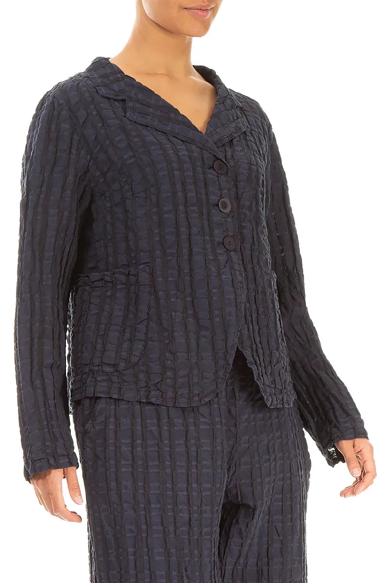 Buttoned Slate Blue Checkered Linen Cotton Jacket 3