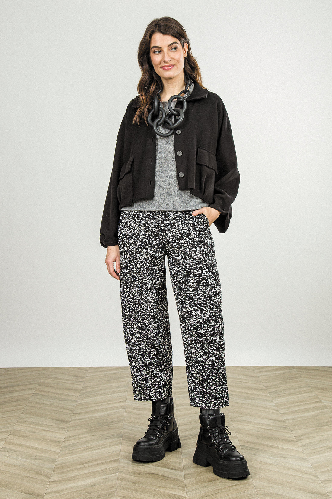 Buttoned Speckled Black White Cotton Trousers 1