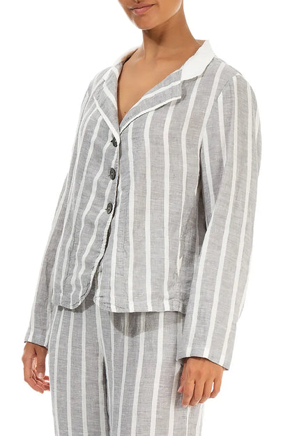Buttoned Stripy Grey Linen Jacket 3