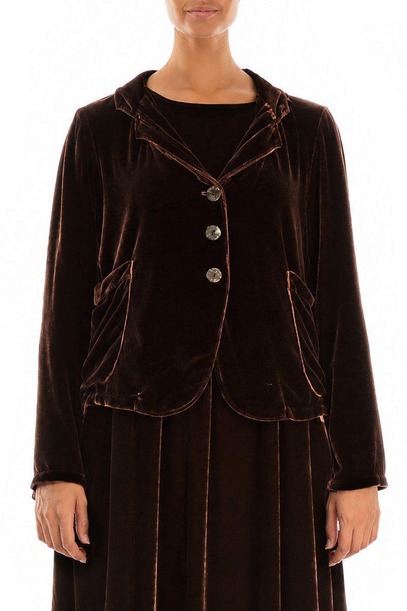Buttoned Truffle Brown Silk Velvet Jacket 1