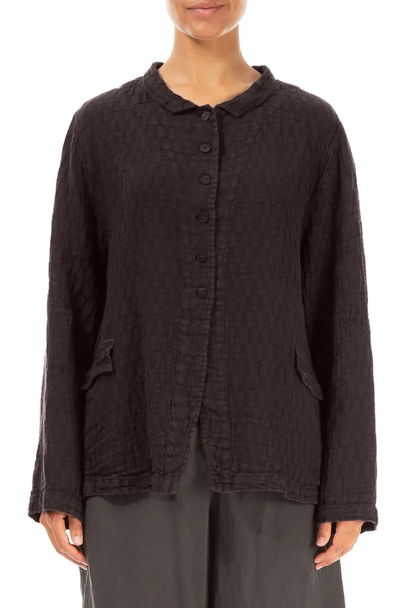 Buttoned Truffle Brown Textured Linen Jacket
