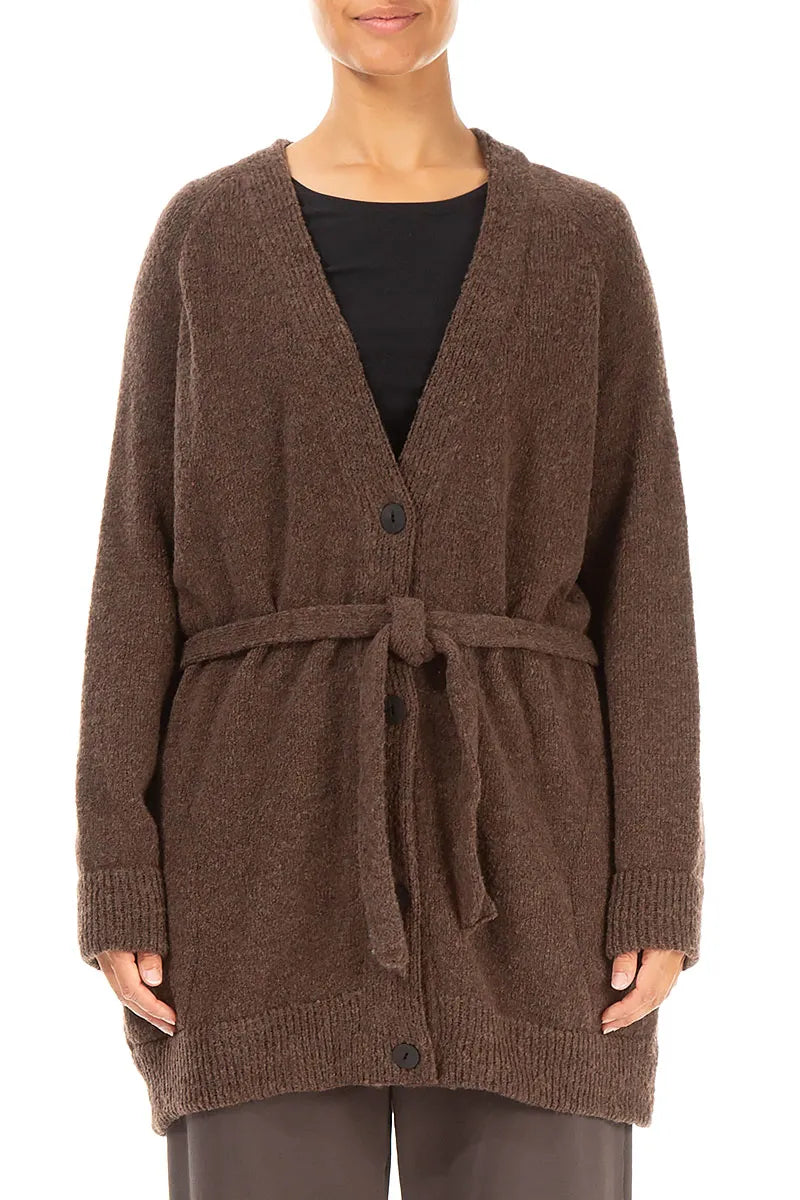 Buttoned V-Neck Brown Wool Cardigan 1