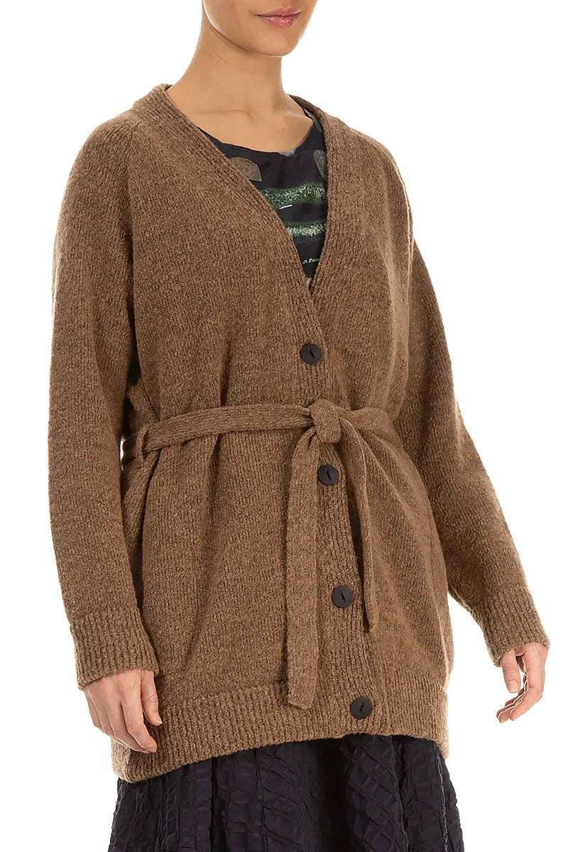 Buttoned V-Neck Caramel Wool Cardigan 4