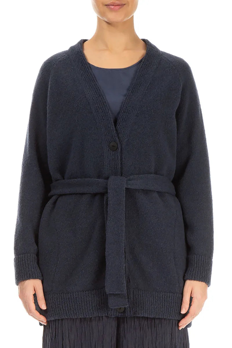 Buttoned V-Neck Dark Navy Wool Cardigan 1
