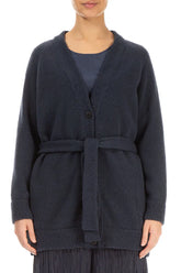 Buttoned V-Neck Dark Navy Wool Cardigan 1