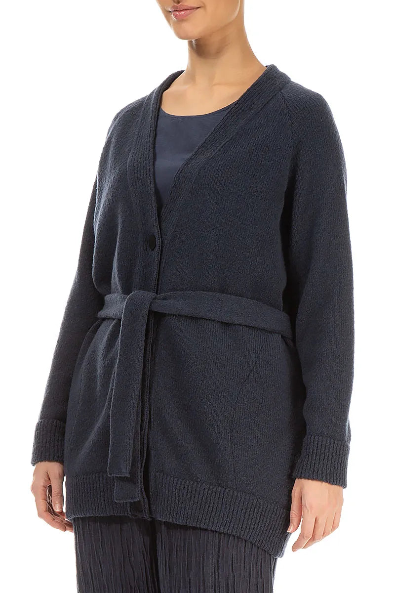 Buttoned V-Neck Dark Navy Wool Cardigan 3