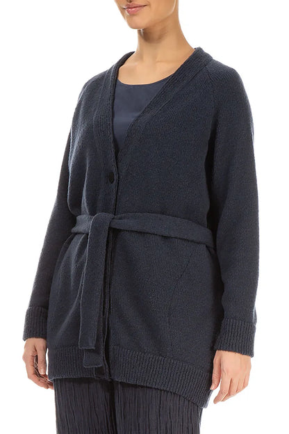 Buttoned V-Neck Dark Navy Wool Cardigan 3