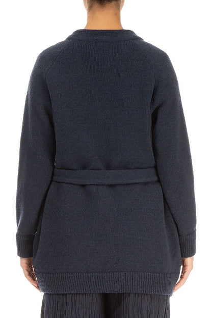 Buttoned V-Neck Dark Navy Wool Cardigan 2