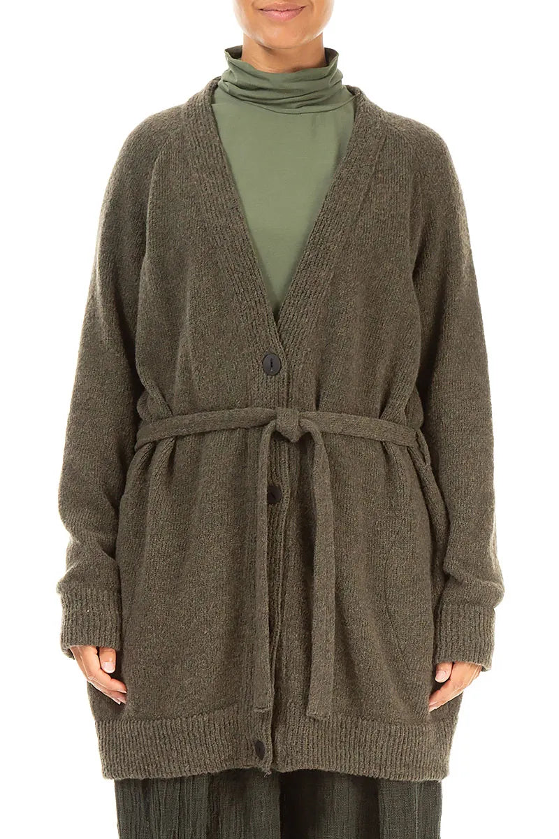 Buttoned V-Neck Khaki Wool Cardigan 1