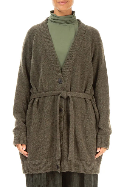 Buttoned V-Neck Khaki Wool Cardigan 1