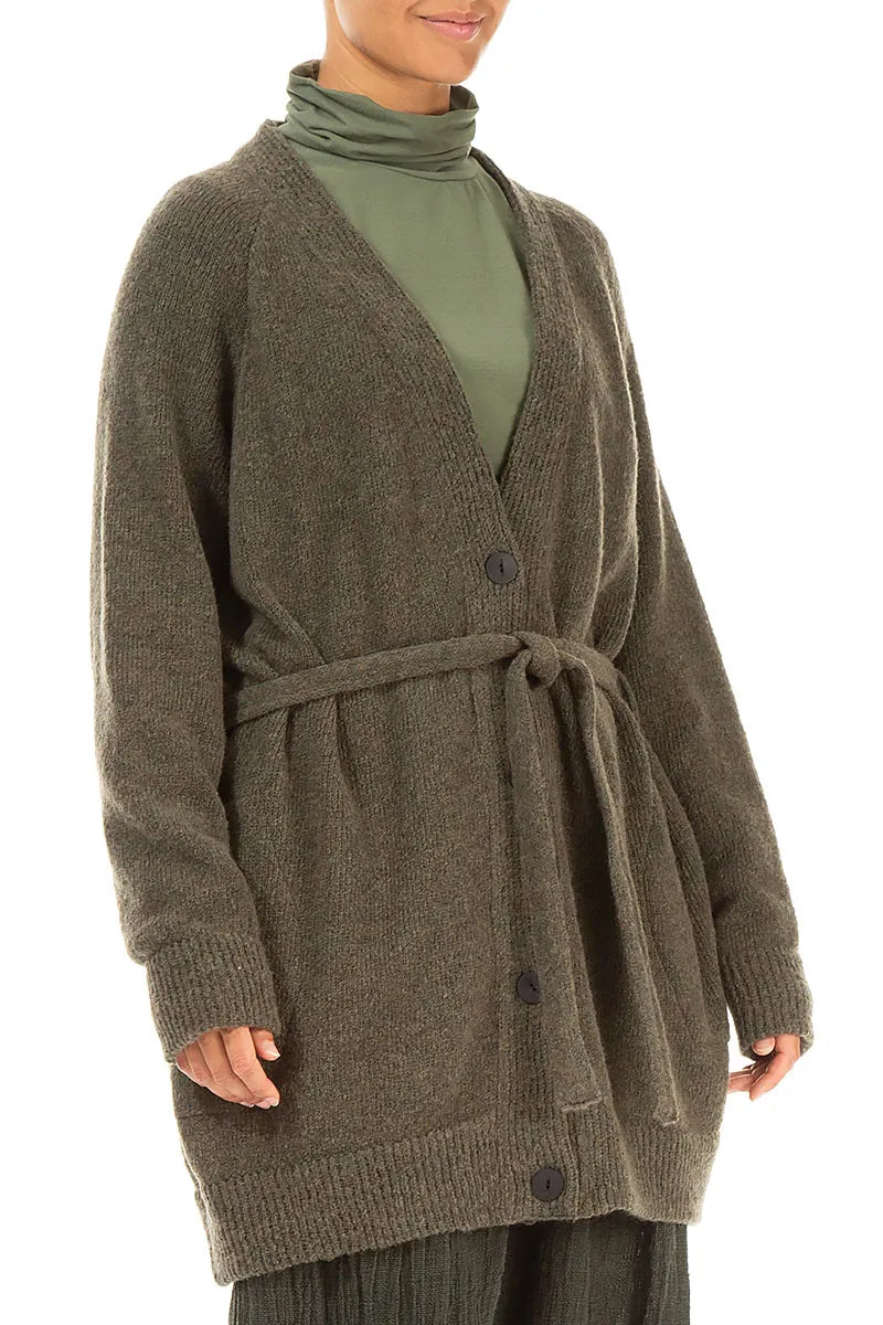 Buttoned V-Neck Khaki Wool Cardigan 3